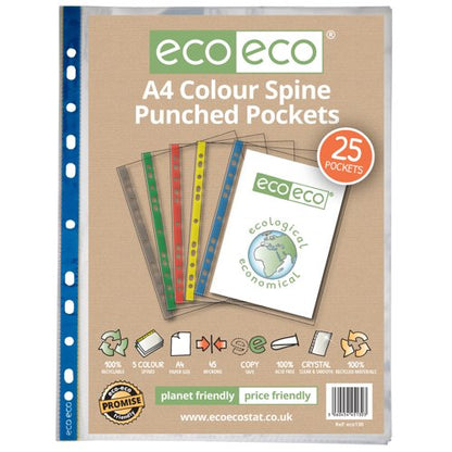 A4 100% Recycled Colour Spine Multi Punched Pockets - Pack of 50, 25
