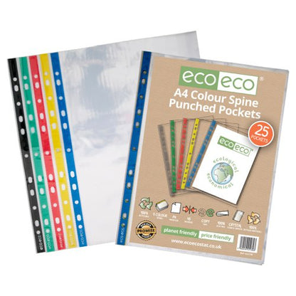 A4 100% Recycled Colour Spine Multi Punched Pockets - Pack of 50, 25