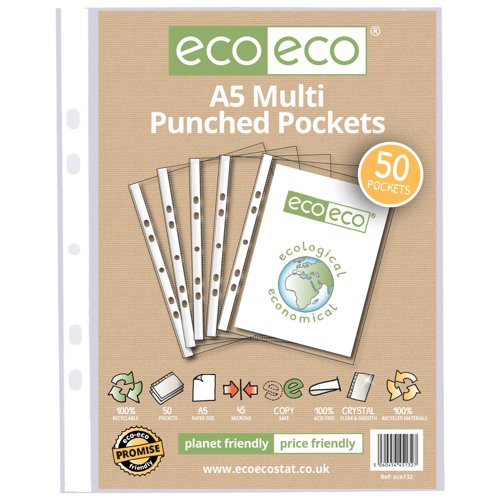 A5 100% Recycled Multi Punched Pockets - Pack of 100, 50