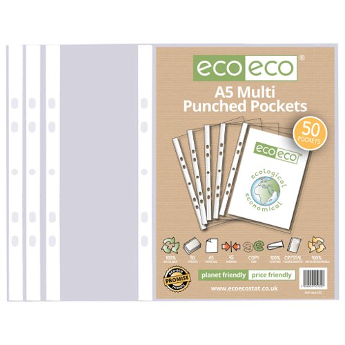 A5 100% Recycled Multi Punched Pockets - Pack of 100, 50