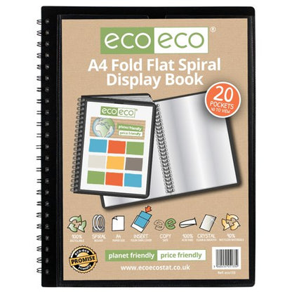 A4, A5 50% Recycled Fold Flat Spiral Display Book with 20 pockets - Single