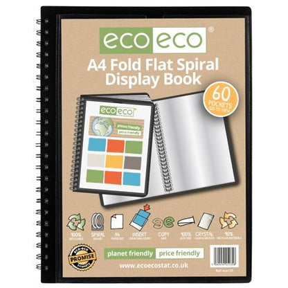 A4 50% Recycled Fold Flat Spiral Display Book with 40, A4 50% Recycled Fold Flat Spiral Display Book with 60, A5 50% Recycled Fold Flat Spiral Display Book with 40, A5 50% Recycled Fold Flat Spiral Display Book with 60 Pockets - Single