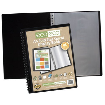 A4 50% Recycled Fold Flat Spiral Display Book with 40, A4 50% Recycled Fold Flat Spiral Display Book with 60, A5 50% Recycled Fold Flat Spiral Display Book with 40, A5 50% Recycled Fold Flat Spiral Display Book with 60 Pockets - Single