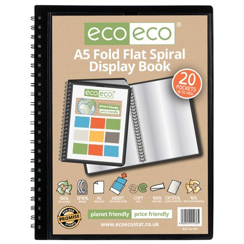 A4, A5 50% Recycled Fold Flat Spiral Display Book with 20 pockets - Single
