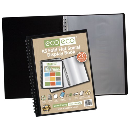 A4, A5 50% Recycled Fold Flat Spiral Display Book with 20 pockets - Single