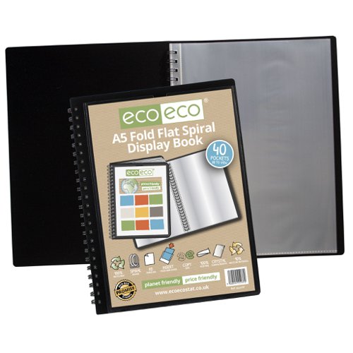 A4 50% Recycled Fold Flat Spiral Display Book with 40, A4 50% Recycled Fold Flat Spiral Display Book with 60, A5 50% Recycled Fold Flat Spiral Display Book with 40, A5 50% Recycled Fold Flat Spiral Display Book with 60 Pockets - Single