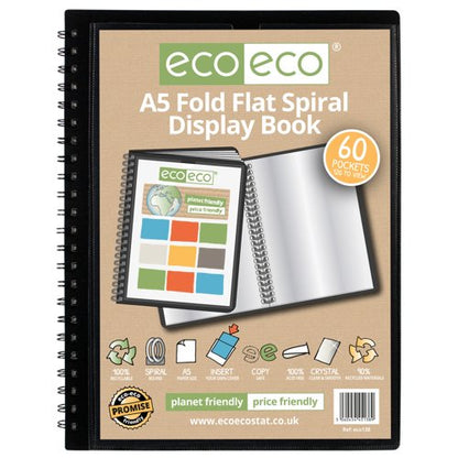 A4 50% Recycled Fold Flat Spiral Display Book with 40, A4 50% Recycled Fold Flat Spiral Display Book with 60, A5 50% Recycled Fold Flat Spiral Display Book with 40, A5 50% Recycled Fold Flat Spiral Display Book with 60 Pockets - Single