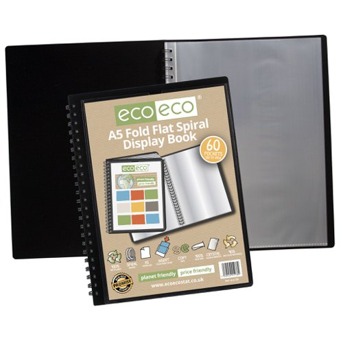 A4 50% Recycled Fold Flat Spiral Display Book with 40, A4 50% Recycled Fold Flat Spiral Display Book with 60, A5 50% Recycled Fold Flat Spiral Display Book with 40, A5 50% Recycled Fold Flat Spiral Display Book with 60 Pockets - Single