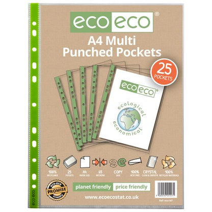 A4 100% Recycled 65 Micron Multi Punched Pockets - Pack of 100, 25, 50
