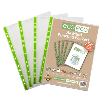 A4 100% Recycled 65 Micron Multi Punched Pockets - Pack of 100, 25, 50