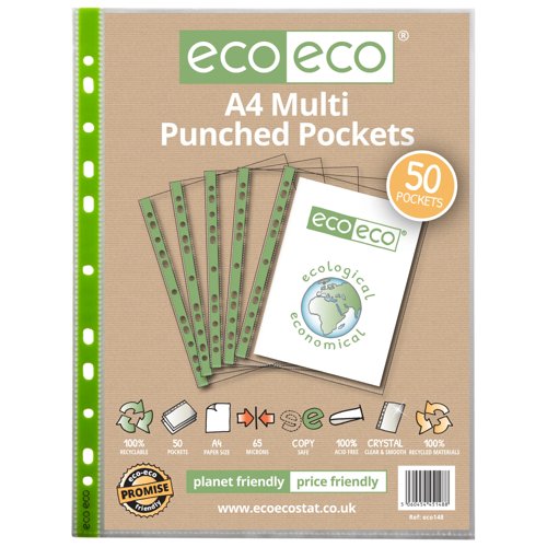 A4 100% Recycled 65 Micron Multi Punched Pockets - Pack of 100, 25, 50
