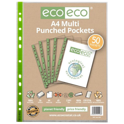 A4 100% Recycled 65 Micron Multi Punched Pockets - Pack of 100, 25, 50