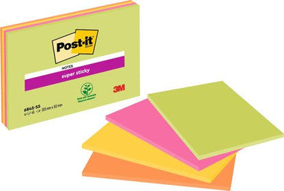 Post-it Super Sticky Meeting Notes, Assorted Neon Colours, 203 mm x 152 mm, 45 Sheets/Pad, 4 Pads/Pack, 100% PEFC SGSCH-PEFC-COC-110078