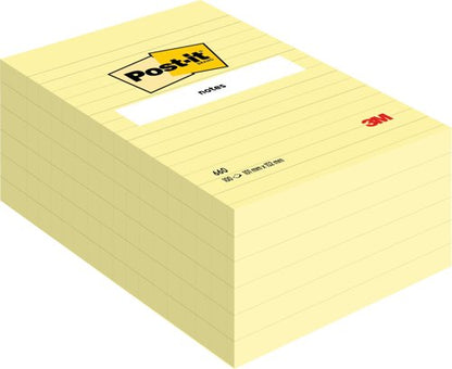 Post-it Large Notes, Canary Yellow, Lined, 101 mm x 152 mm, 100 Sheets/Pad, 6 Pads/Pack, 100% PEFC SGSCH-PEFC-COC-110078