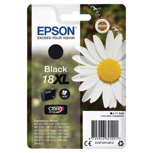 OEM Epson C13T18114012 (18XL) Ink Cartridge Black High Capacity 470 Pages 11.5ml