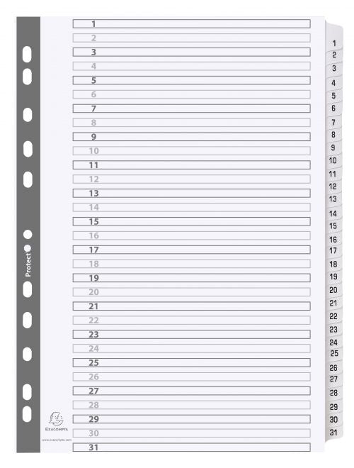 Exacompta Mylar Printed 160 GSM Indices A4 12 Part, 1 to 12, 31 Part, 1 to 31 Numbered Tabs
