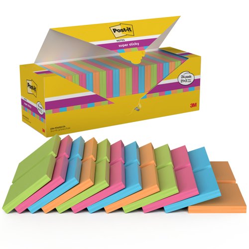 Post-it Super Sticky Notes, Assorted Colours, 76 mm x 76 mm, Promo Pack, 90 Sheets/Pad, 21 + 3 FREE Pads/Pack, 100% PEFC SGSCH-PEFC-COC-110078