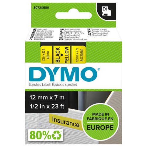 OEM DYMO 45018 (S0720580) D1 Label Tape Black on Yellow 12mm x 7m