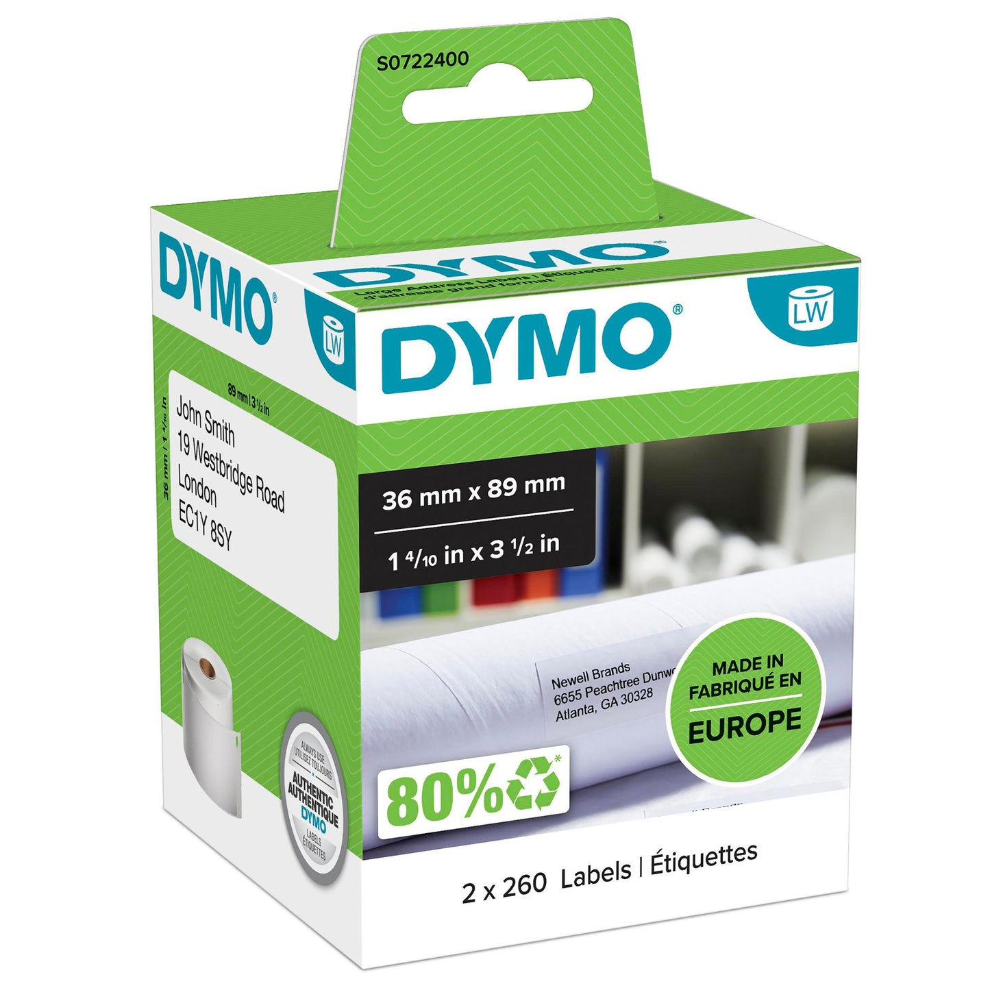 Dymo 99010/S0722370 DirectLabel-etikettes 89mm x28mm Pack=2 for Dymo 400 Duo/60mm