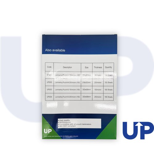 UP Laminating Pouch A4 150, A4 250, A3 250, A3 150 micron (100)