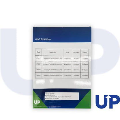 UP Laminating Pouch A4 150, A4 250, A3 250, A3 150 micron (100)