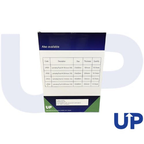 UP Laminating Pouch UP Laminating Pouch A4 150 micron (100), UP Laminating Pouch A4 250 micron (100), UP Laminating Pouch A3 250 micron (100), UP Laminating Pouch A3 150 micron (100), UP Laminating Pouch A4 150 micron (100), UP Laminating Pouch A4 250 micron (100), UP Laminating Pouch A3 250 micron (100), UP Laminating Pouch A3 150 micron (100)