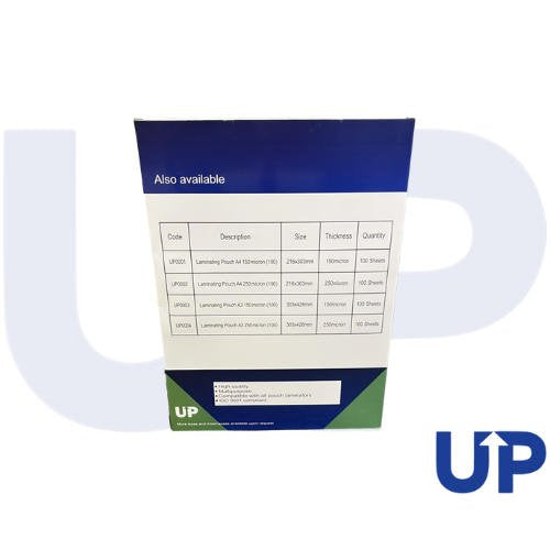 UP Laminating Pouch A4 150, A4 250, A3 250, A3 150 micron (100)