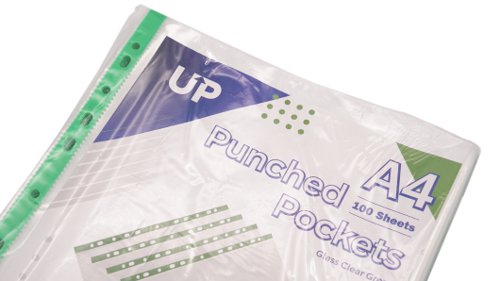 UP Punched Pockets A4 50 micron Glass Clear Green Strip (100)