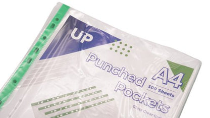 UP Punched Pockets A4 50 micron Glass Clear Green Strip (100)